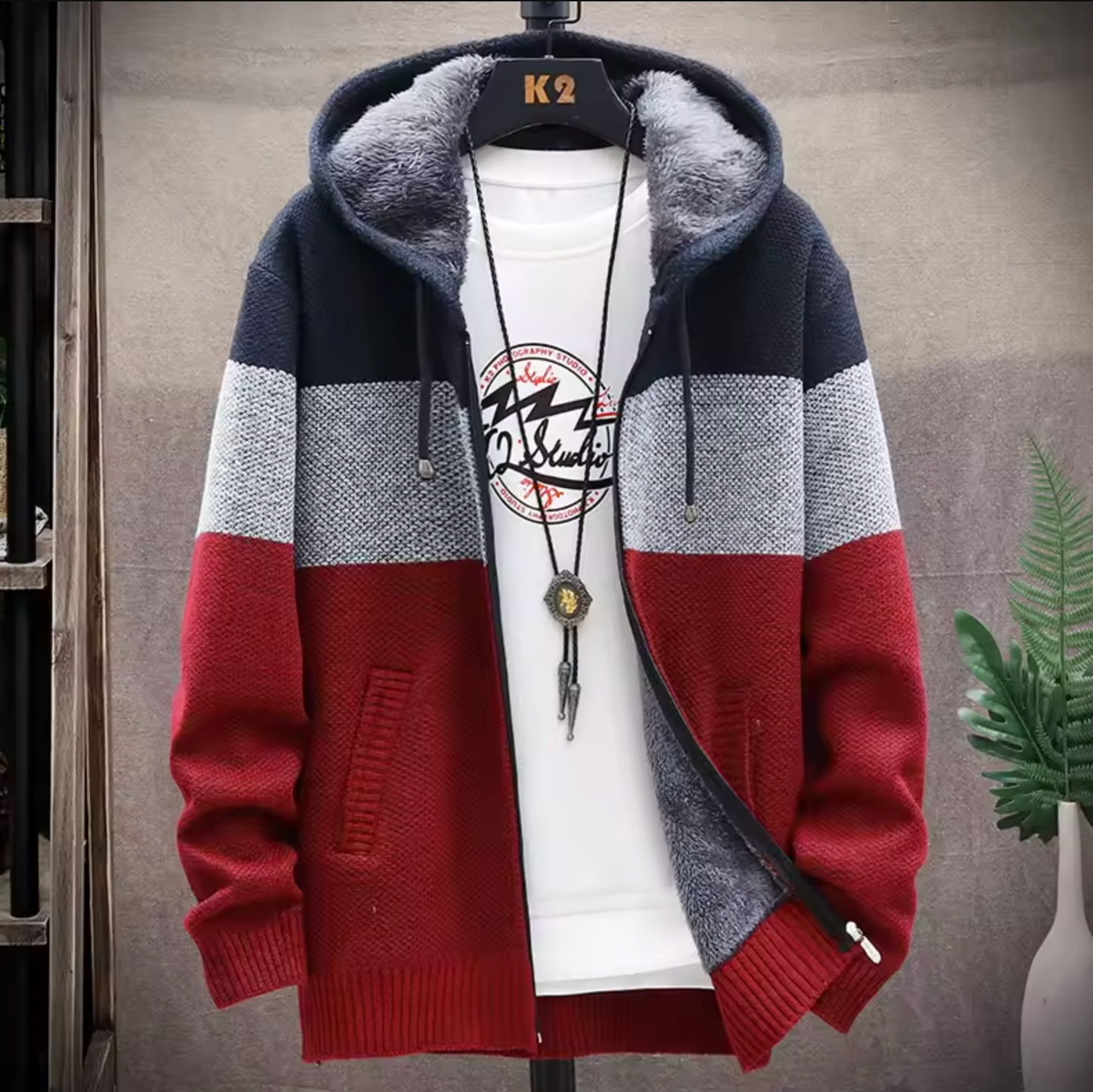 Men's Autumn Winter Velvet Contrast Striped Fleece Zipper Cardigan Sweater