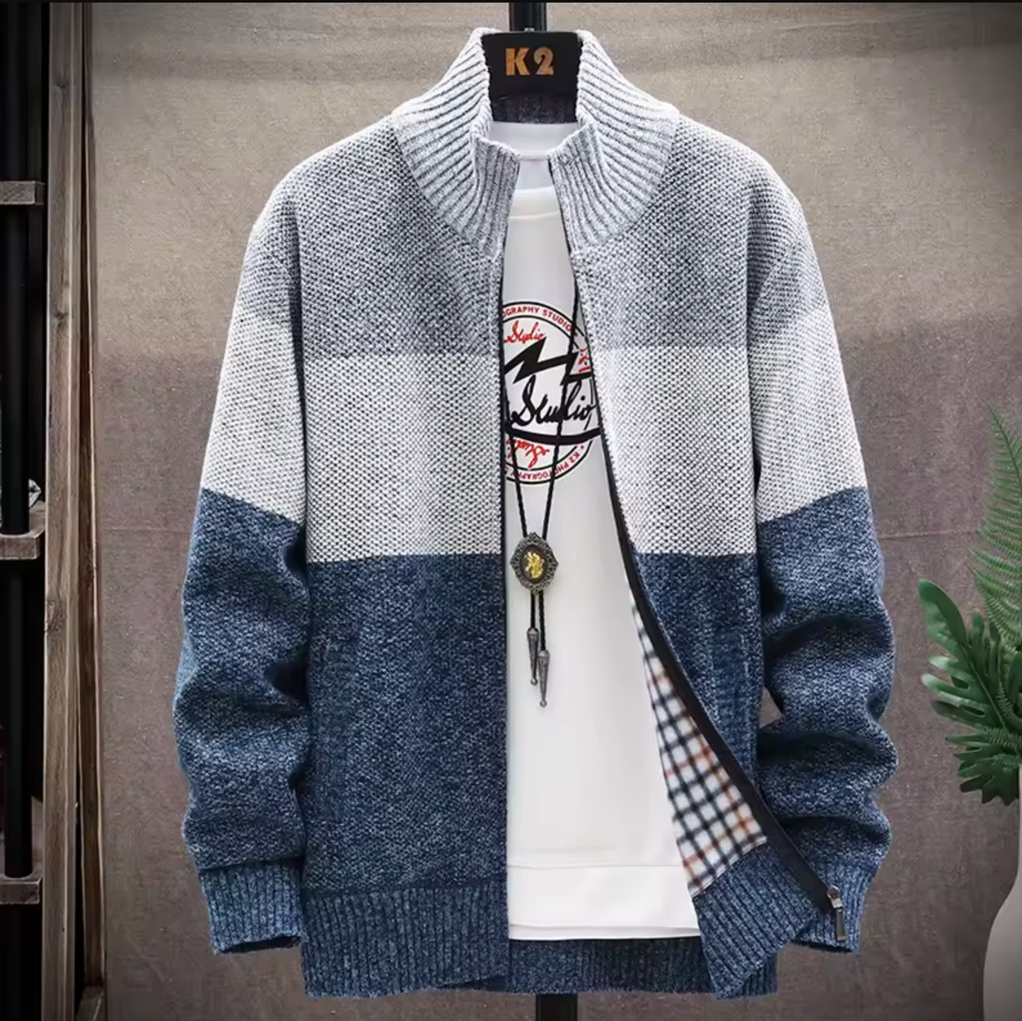 Men's Autumn Winter Velvet Contrast Striped Fleece Zipper Cardigan Sweater